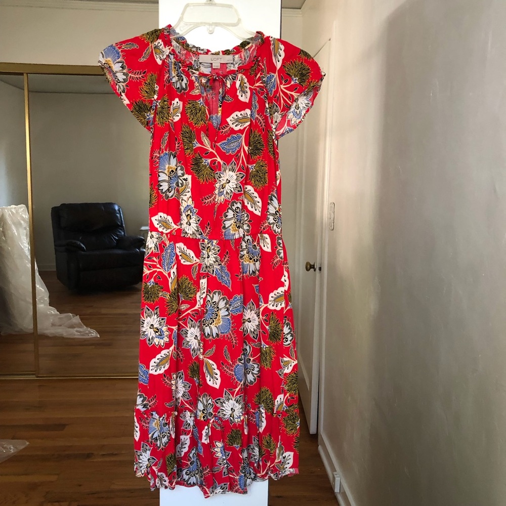 LOFT Summer Blossom Tie Neck Flounce Dress XSP